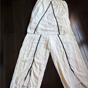 Women’s White Split Hem Linen Pants with Contrast Trim